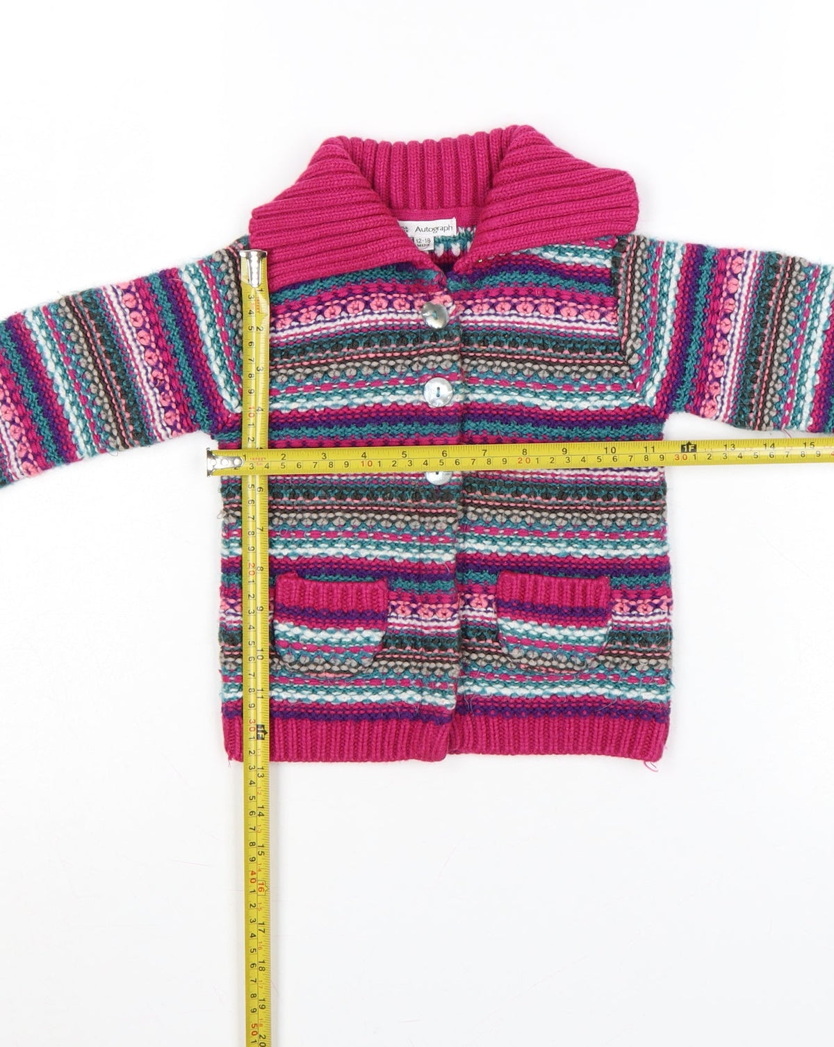 Back view of Marks & Spencer girls’ pink fair isle knit cardigan 12-18 months