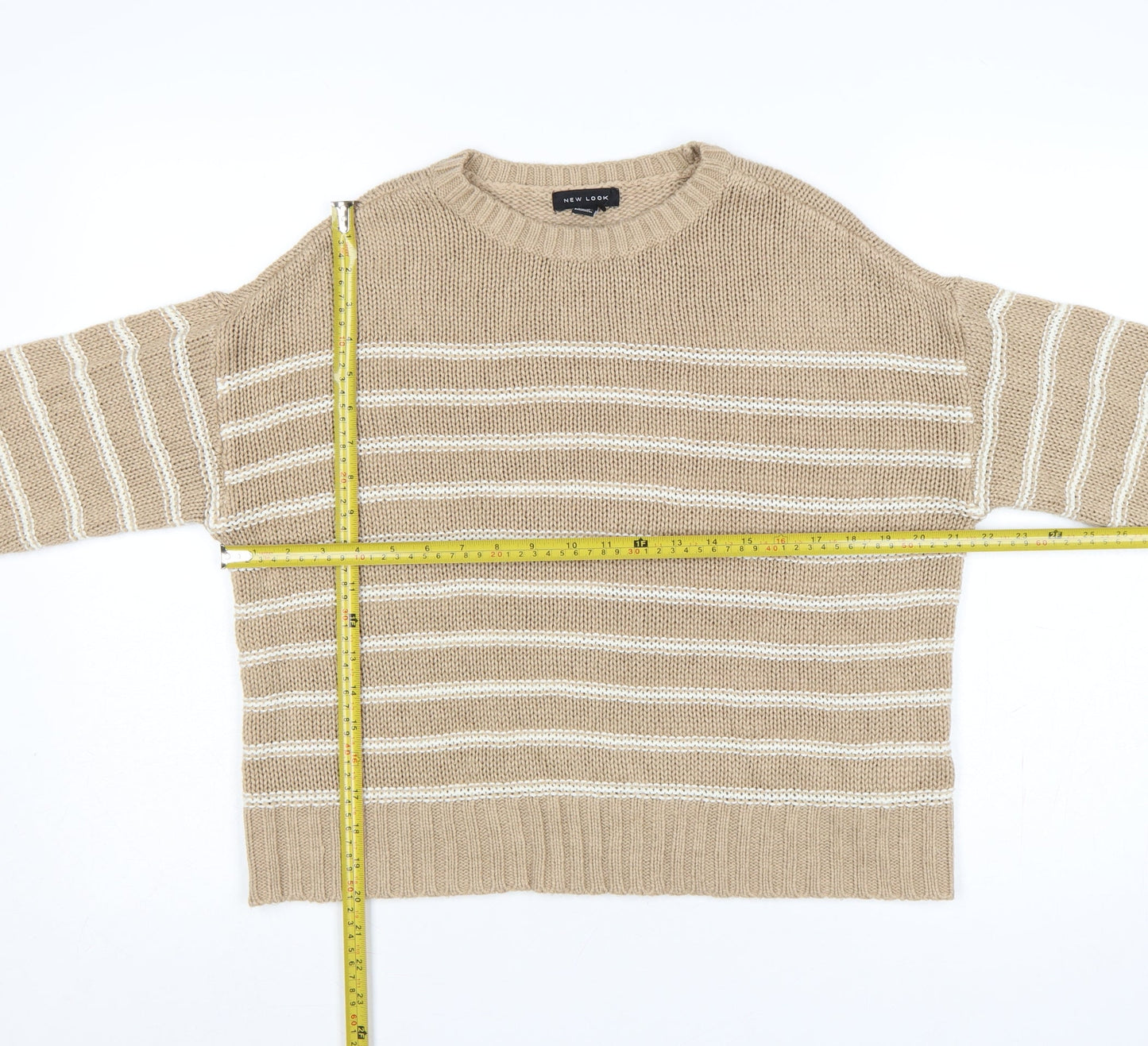 New Look Women Beige Stripe Knit Crew Neck Jumper Size S