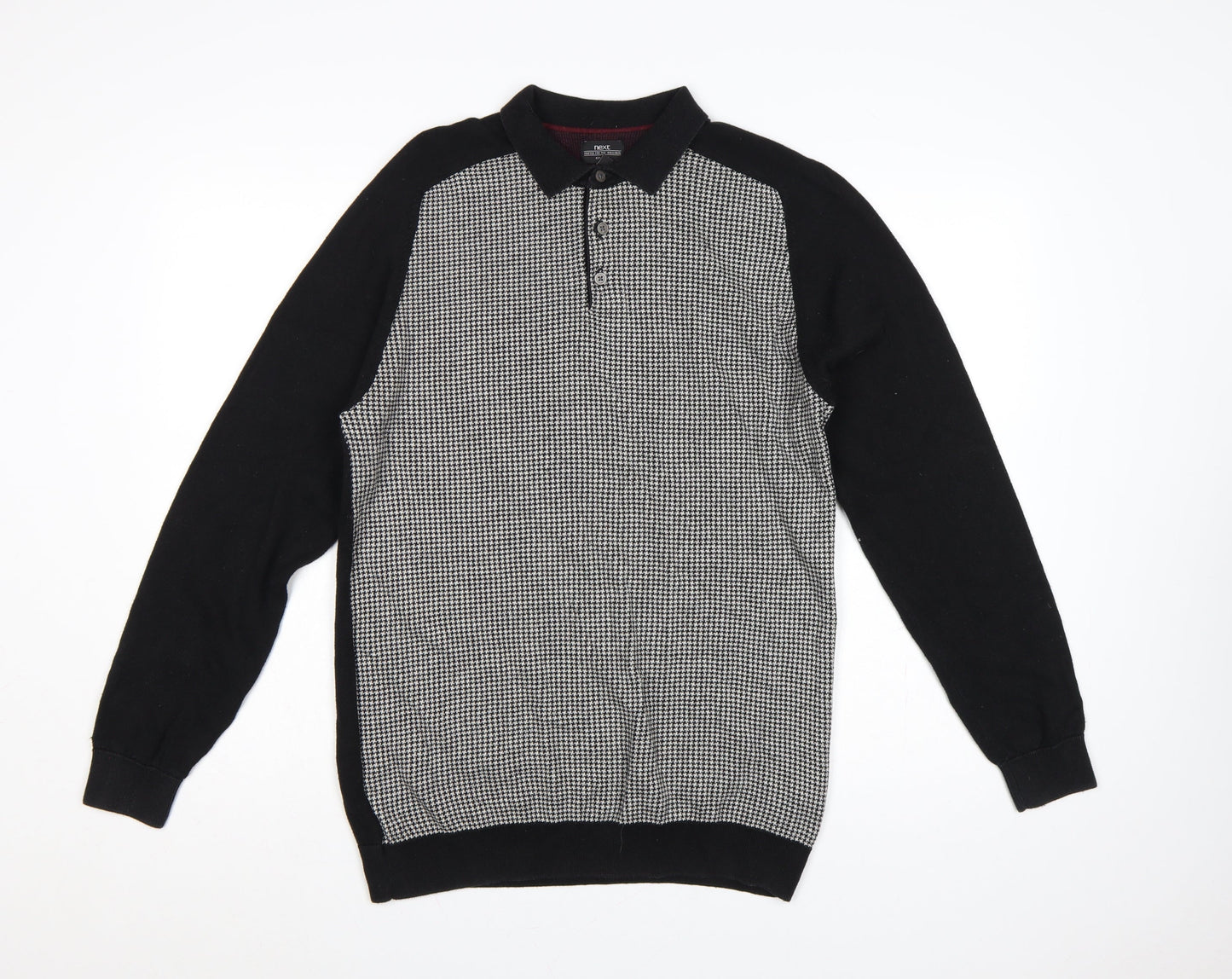 Next Men's Black Large Houndstooth Collared Henley Cotton Knit Jumper