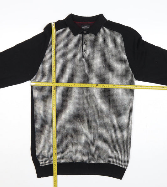 Next Men's Black Large Houndstooth Collared Henley Cotton Knit Jumper