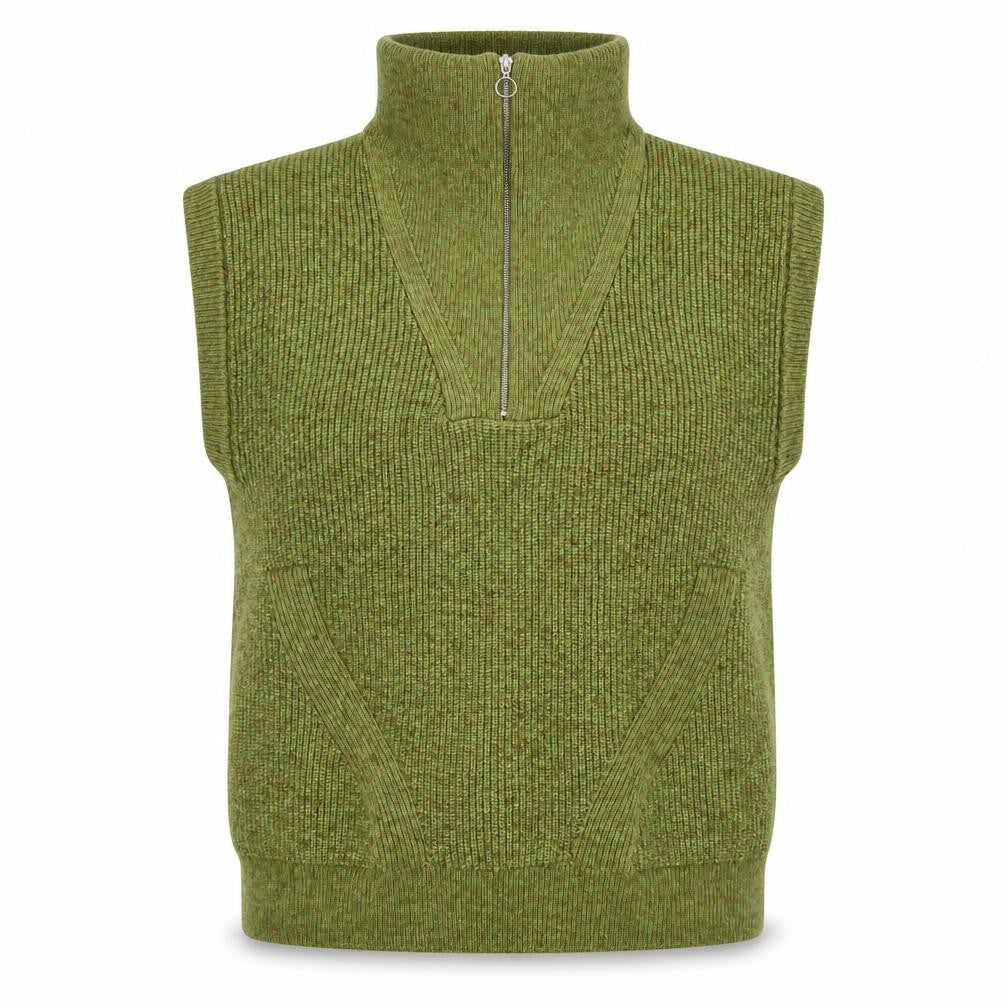 Marks & Spencer Women Green M Sleeveless 1/2 Zip High Neck Knit Vest