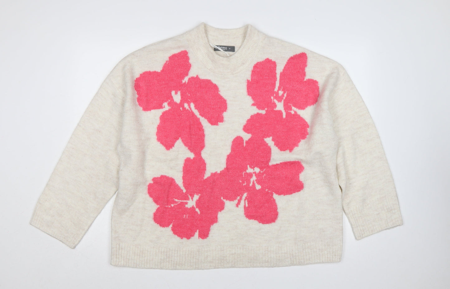 Nutmeg Women Beige Pink Floral Knit High Neck Jumper UK 18