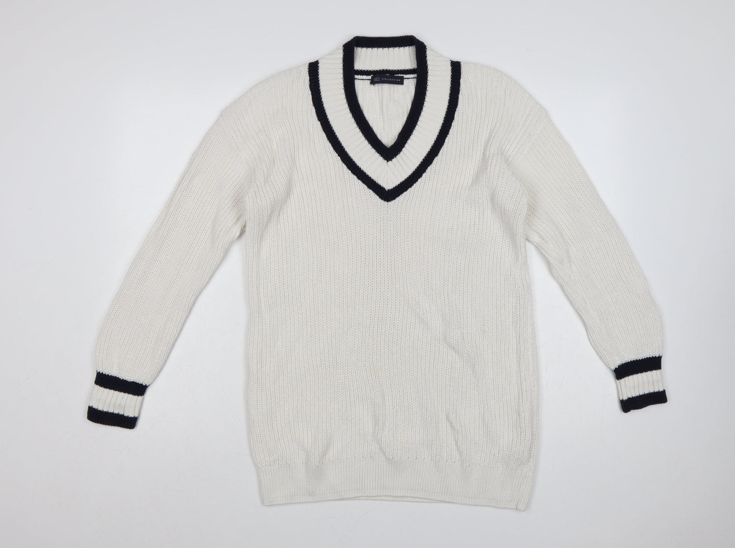 M&S Womens Ivory Navy V-Neck Stripe Trim Cotton Knit Jumper UK 12