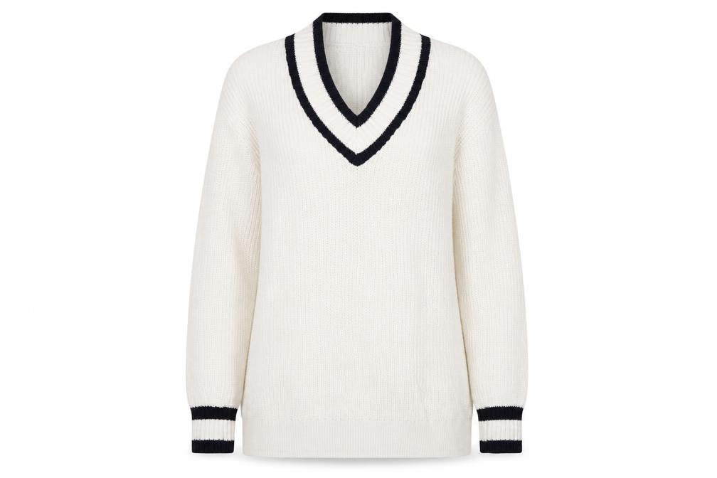 M&S Womens Ivory Navy V-Neck Stripe Trim Cotton Knit Jumper UK 12