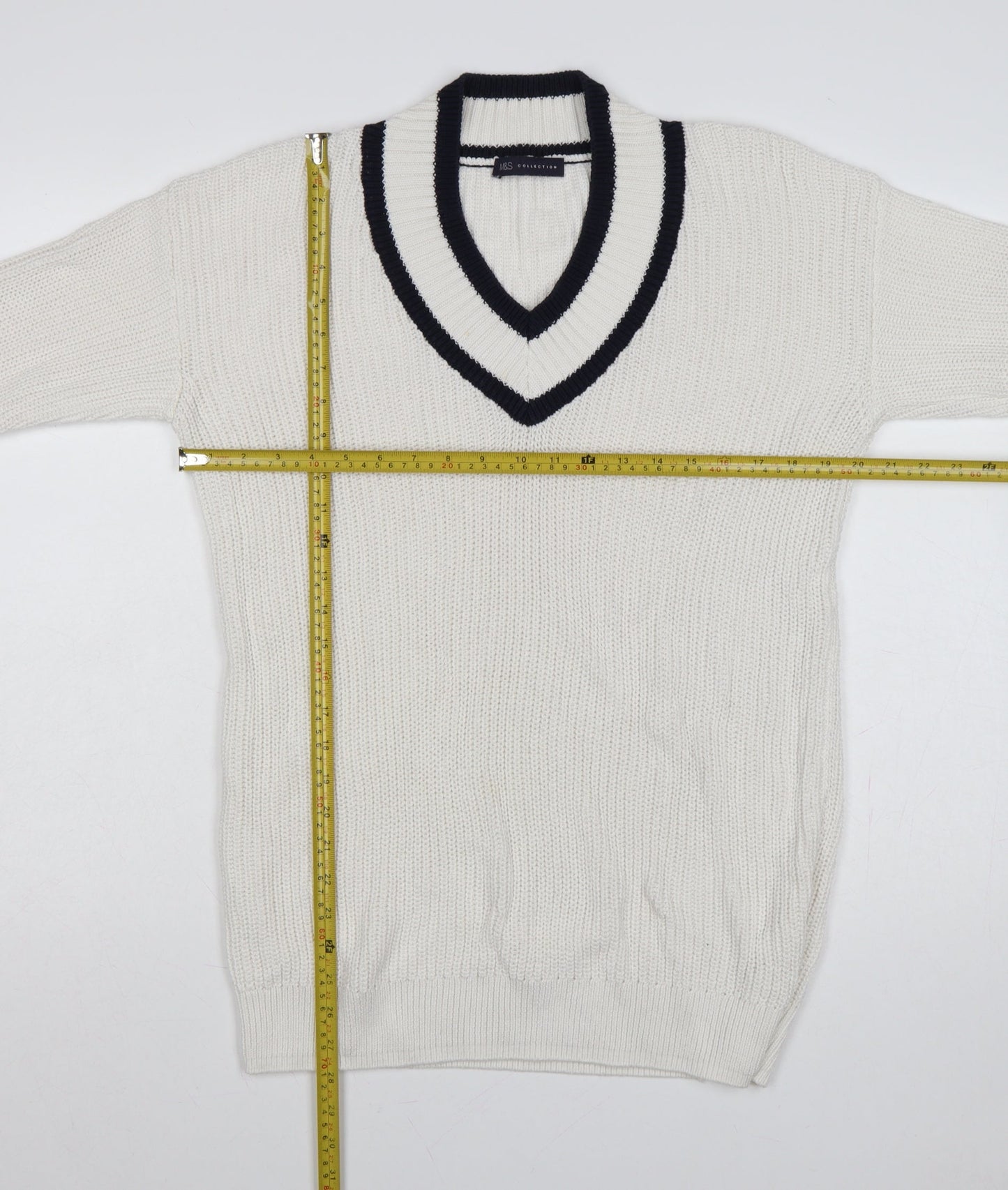 M&S Womens Ivory Navy V-Neck Stripe Trim Cotton Knit Jumper UK 12