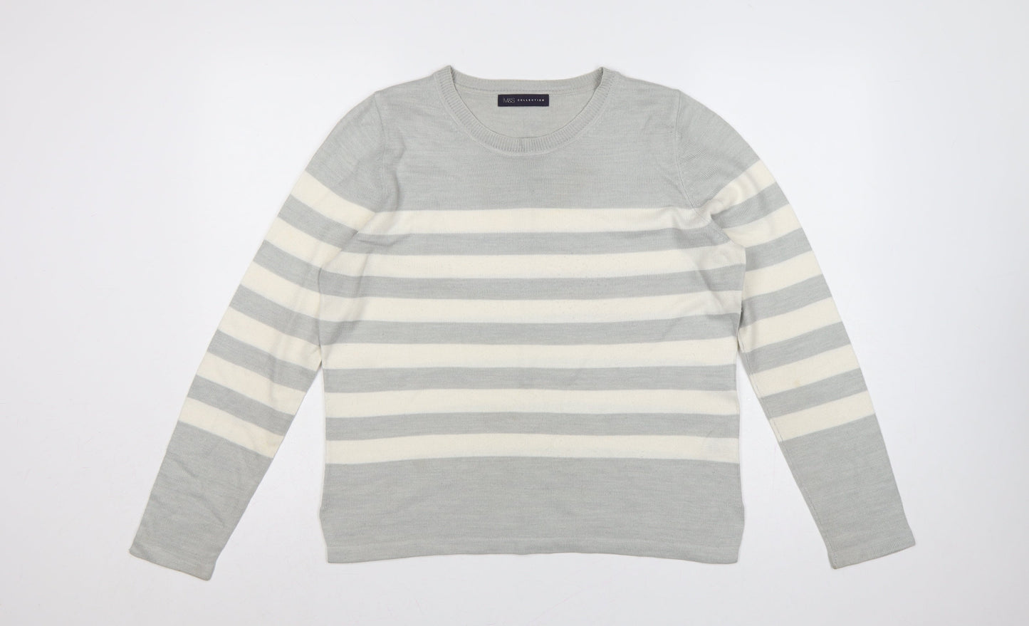 Marks and Spencer Women Grey Ivory Striped Size 12 Pullover Jumper