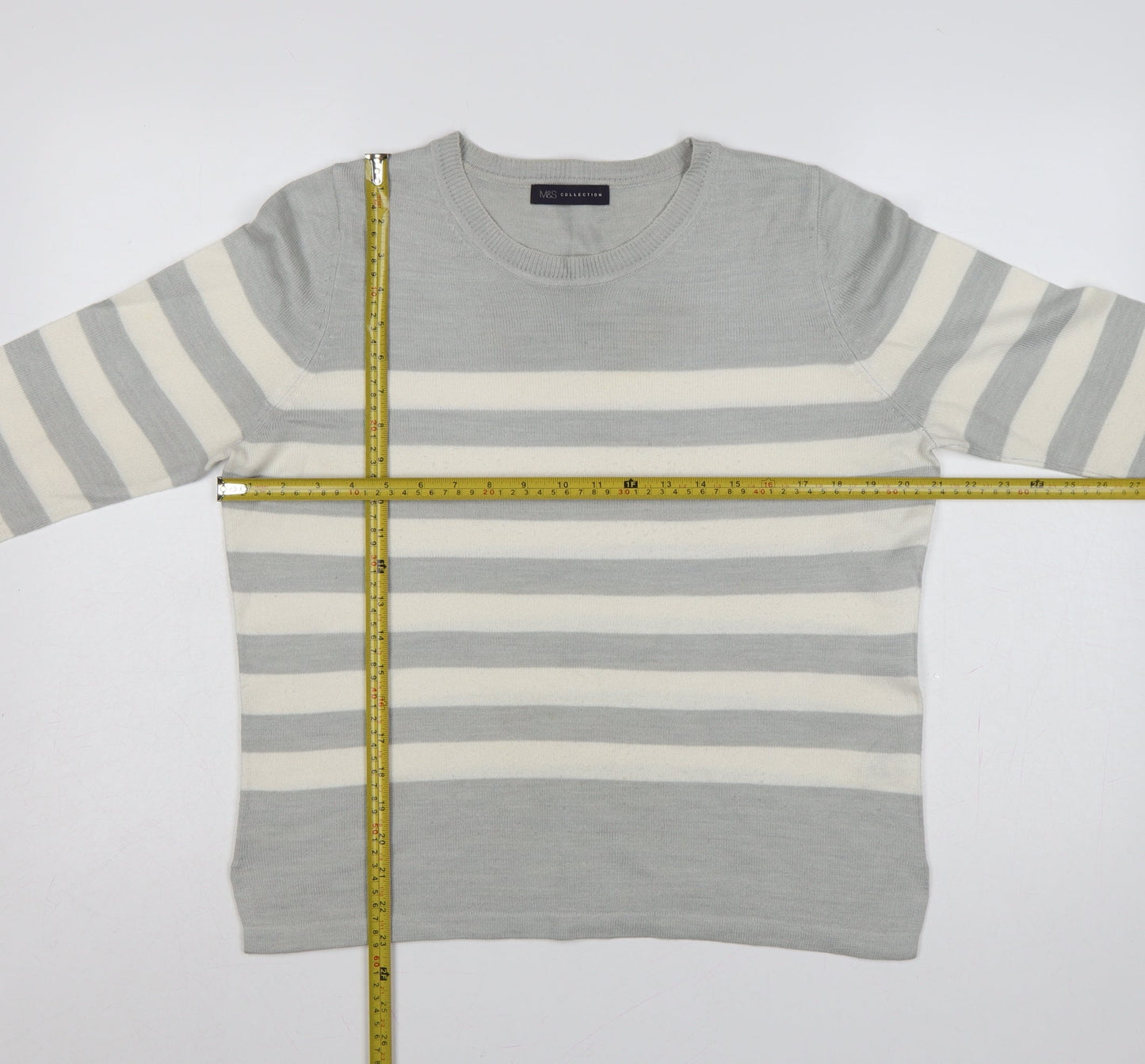 Marks and Spencer Women Grey Ivory Striped Size 12 Pullover Jumper