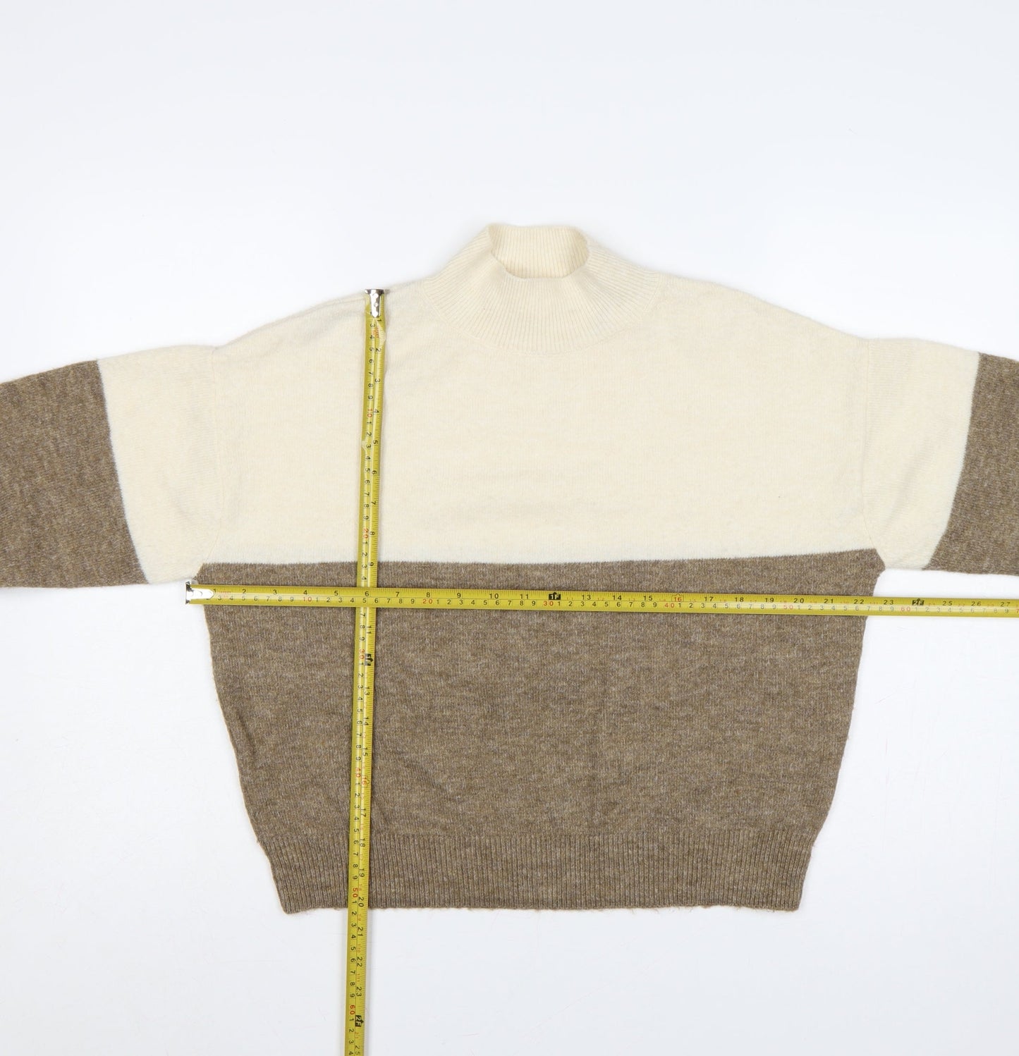 H&M Women’s Beige Brown Colour Block High Neck Knit Jumper Size S