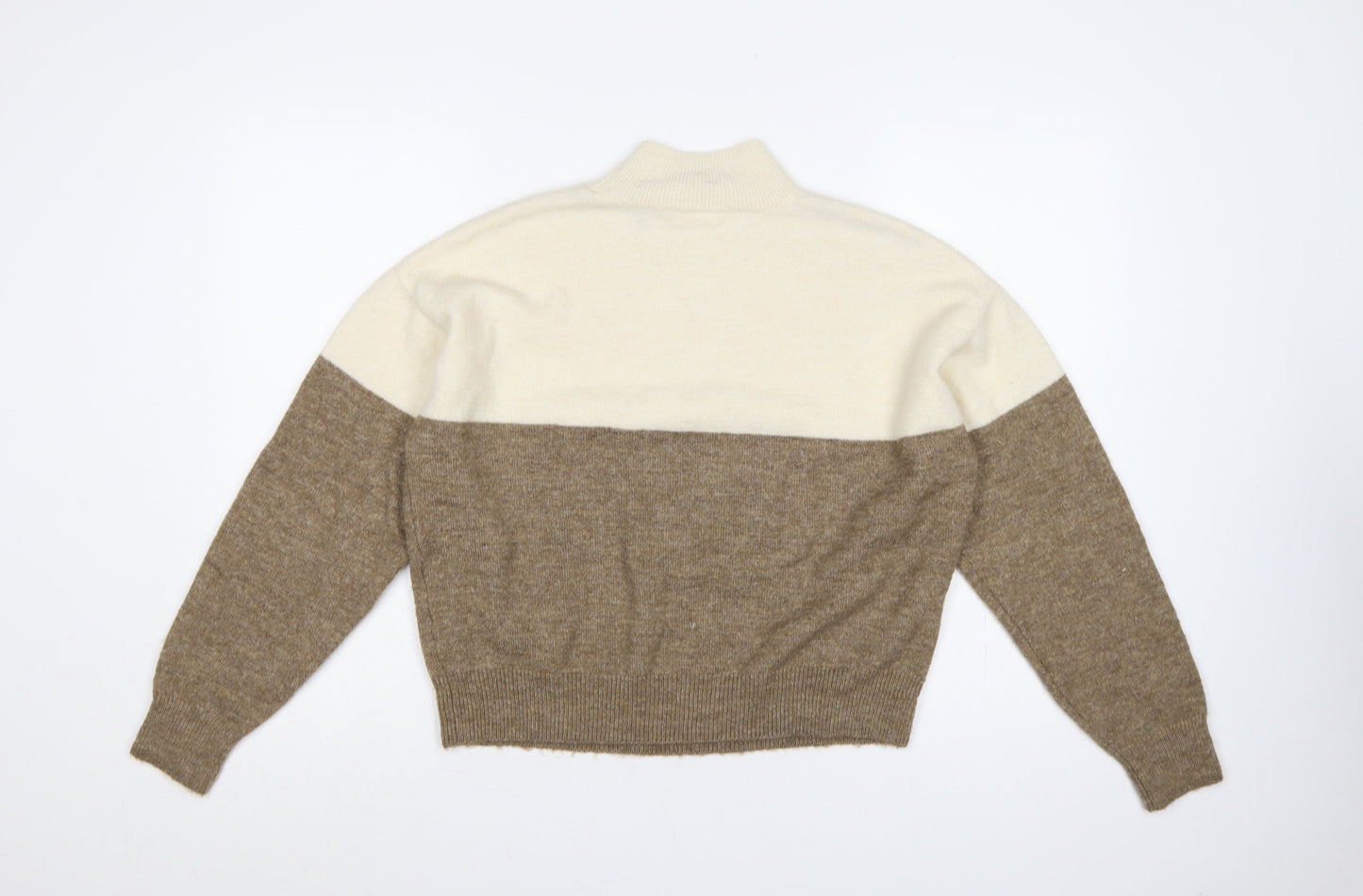 H&M Women’s Beige Brown Colour Block High Neck Knit Jumper Size S