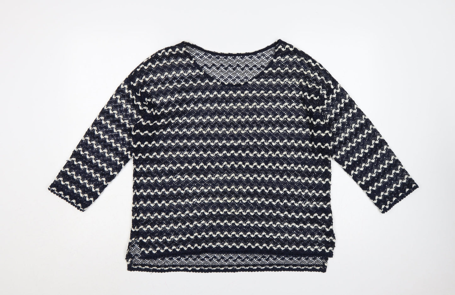 Next Women Blue Ivory Striped Open-Knit Boat Neck Jumper UK 14