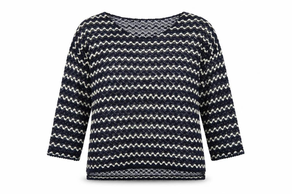 Next Women Blue Ivory Striped Open-Knit Boat Neck Jumper UK 14
