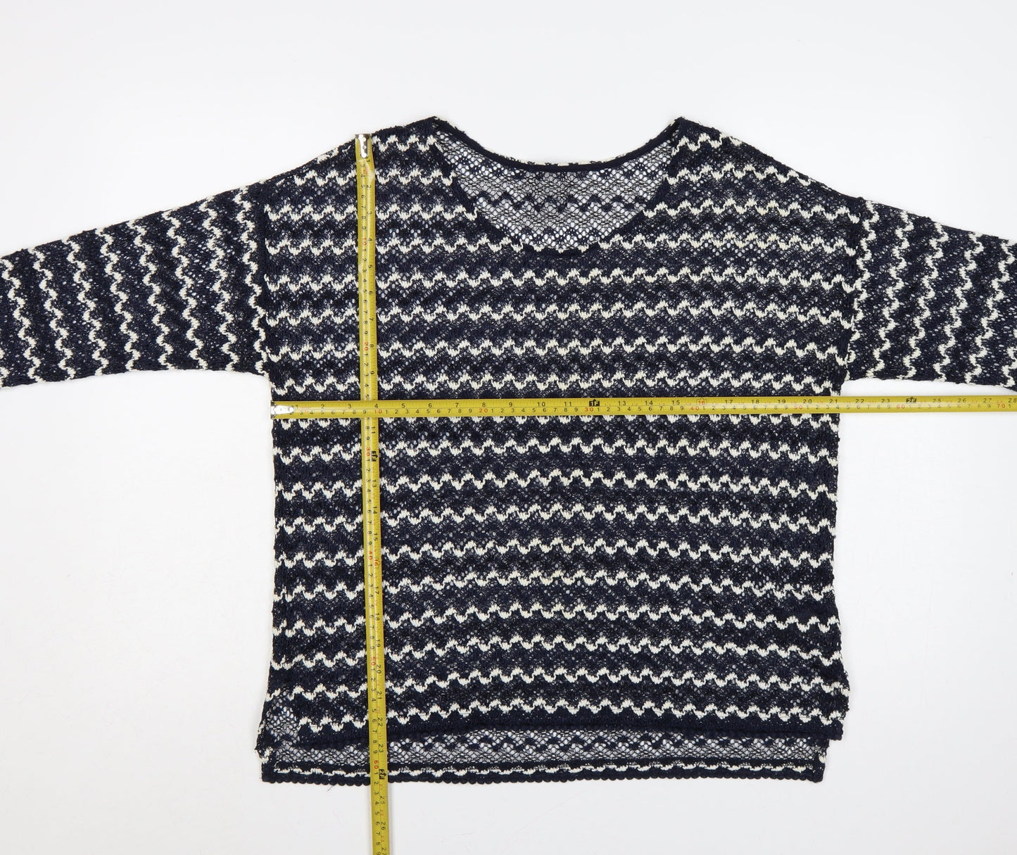 Next Women Blue Ivory Striped Open-Knit Boat Neck Jumper UK 14