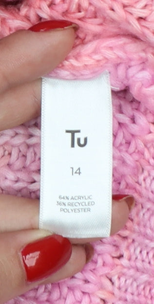 TU Women’s Pink Chunky Knit Mock Neck Balloon Sleeve Jumper UK 14