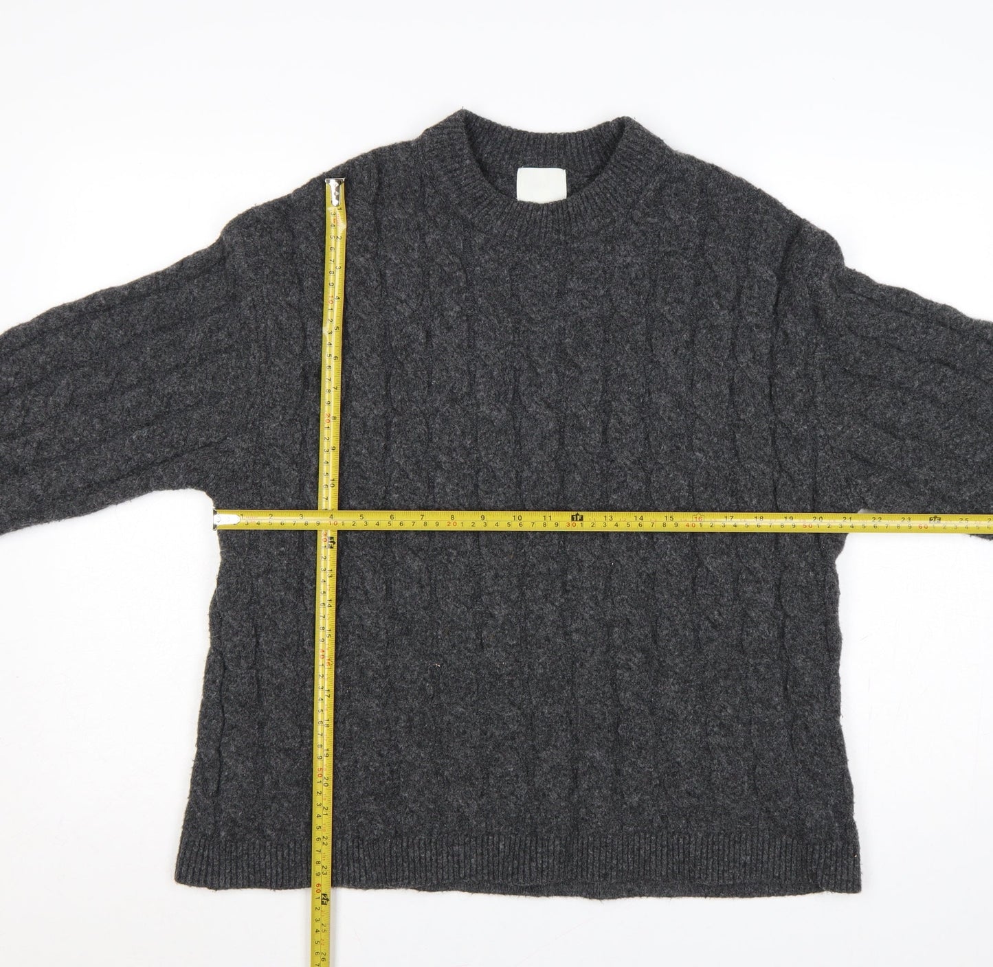 H&M Women Grey UK 10 Cable-Knit Crew Neck Pullover Jumper
