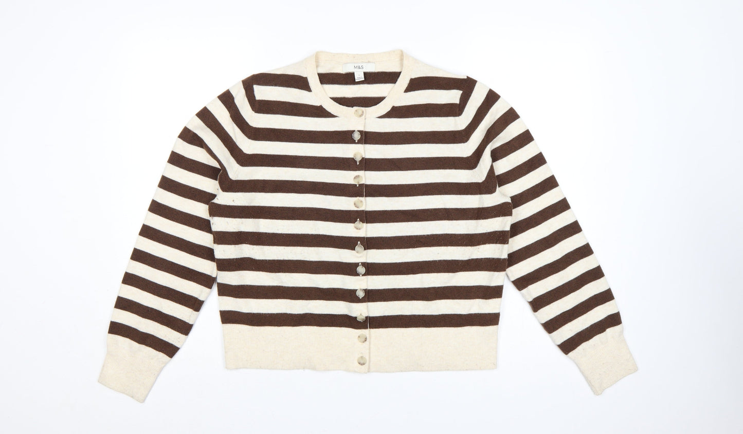 Marks & Spencer Women's Brown Ivory L Striped Button Knit Cardigan