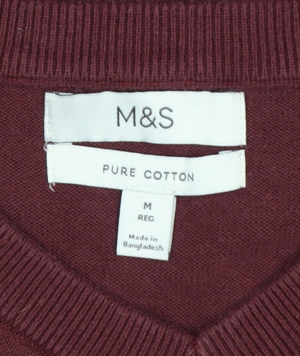 Marks and Spencer Women's Red M V-Neck Cotton Knit Pullover Jumper