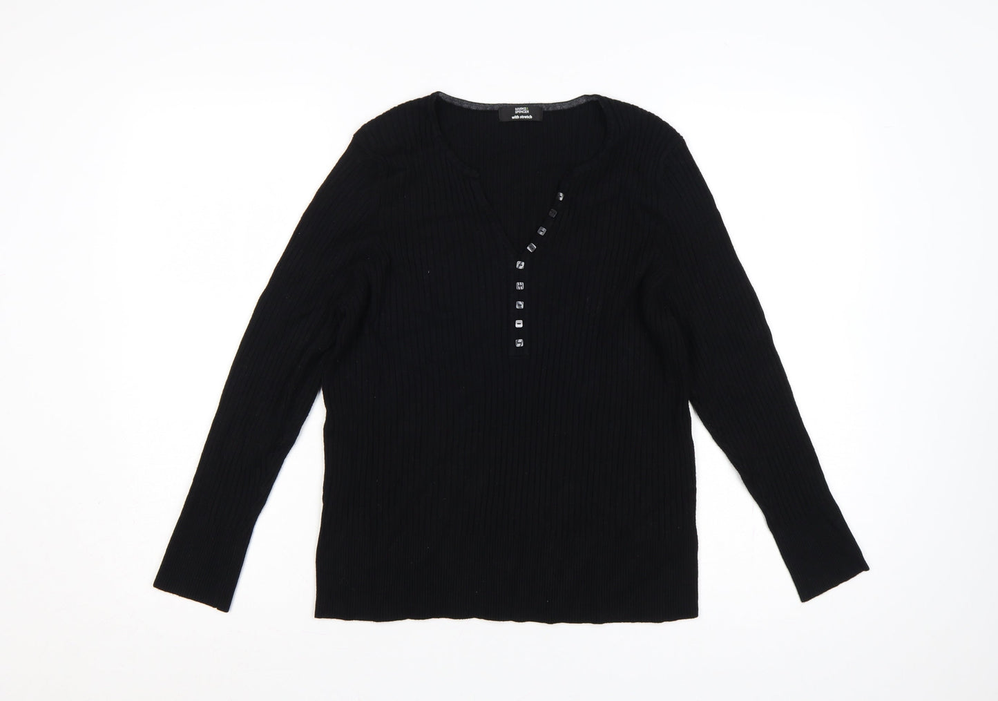 Marks and Spencer Women Black UK 22 Ribbed V-Neck Henley Jumper Stretch