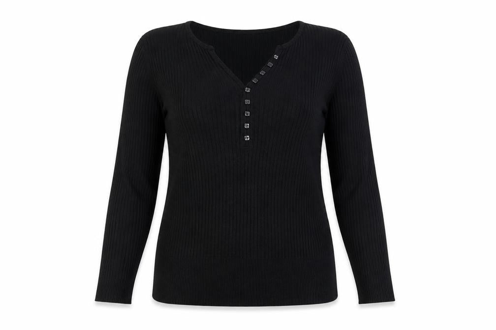 Marks & Spencer Women Black UK 22 Ribbed V-Neck Henley Jumper Stretch