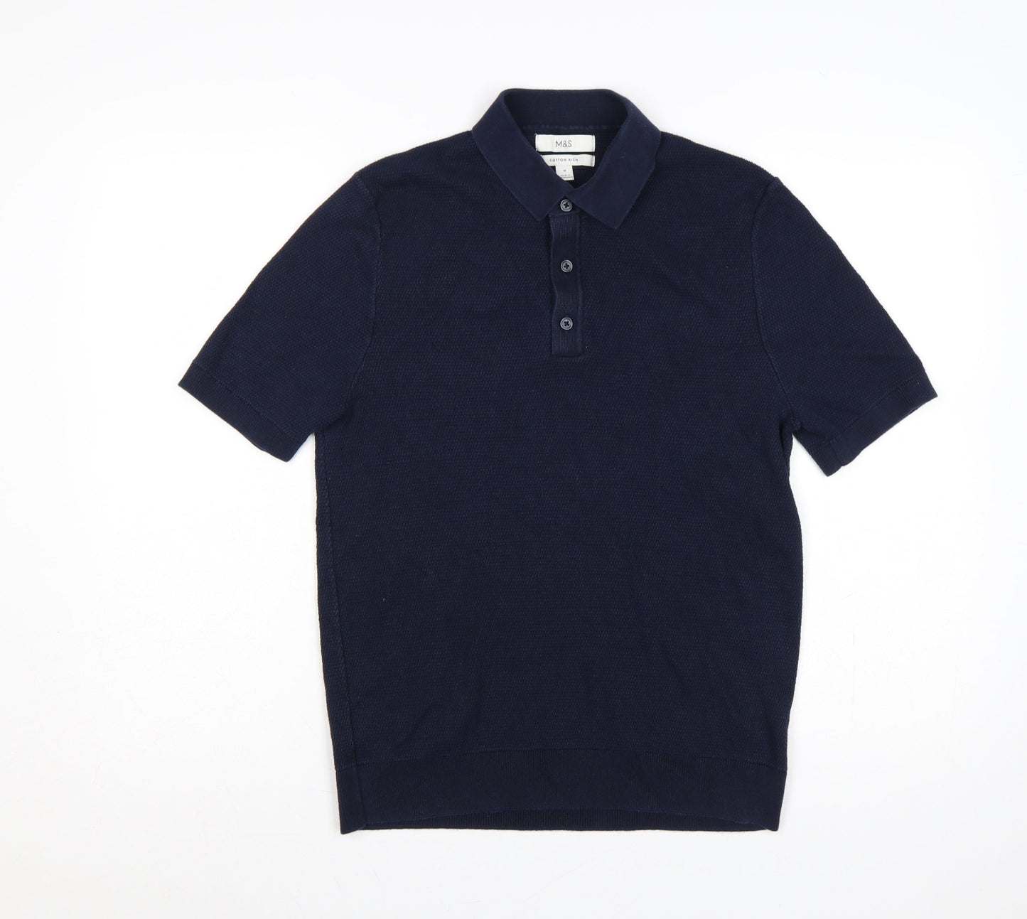 Marks and Spencer Men’s Blue M Cotton Rich Short Sleeve Knit Polo