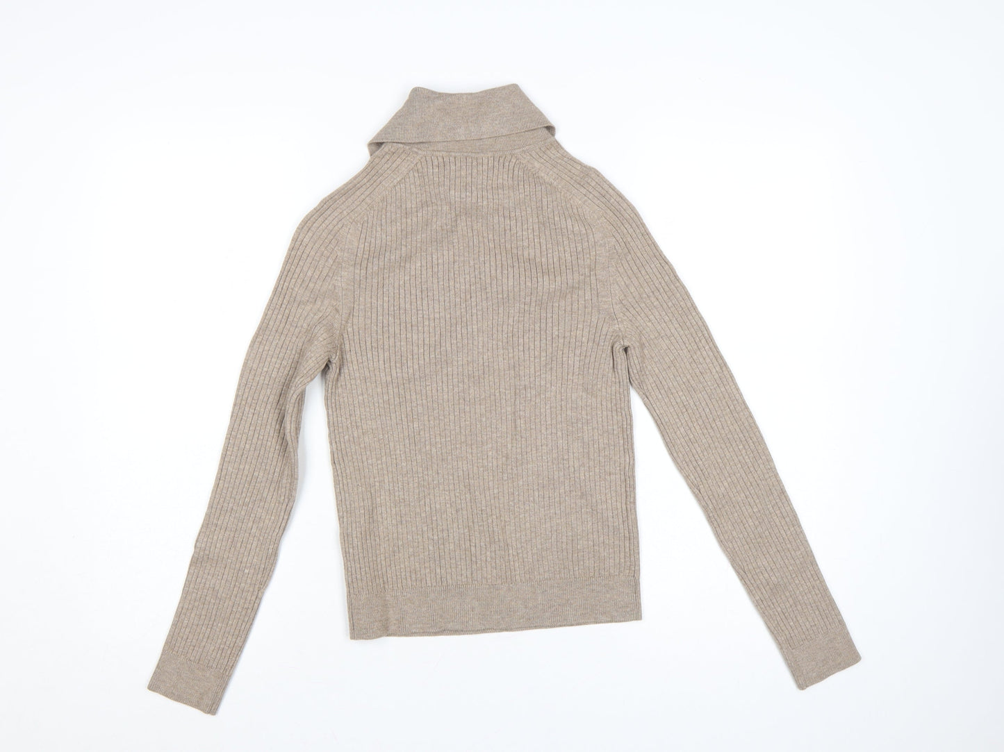 Marks and Spencer Women Beige S Ribbed Roll Neck Knit Jumper
