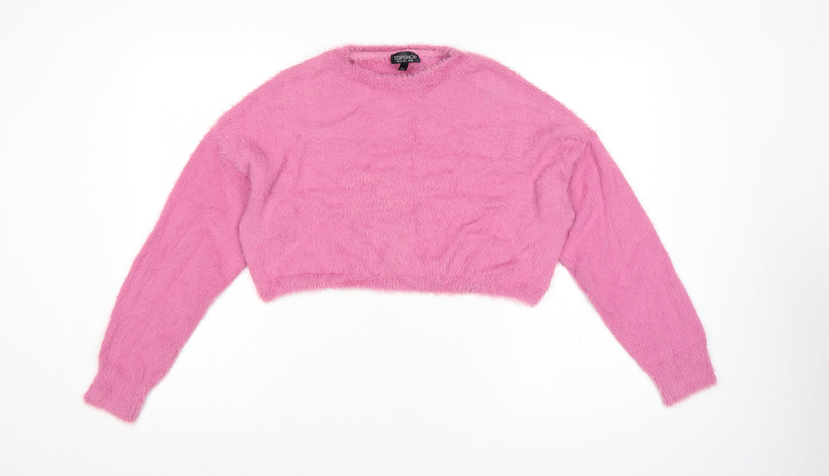Topshop Women’s Pink Fluffy Knit Crew Neck Pullover Jumper UK 10