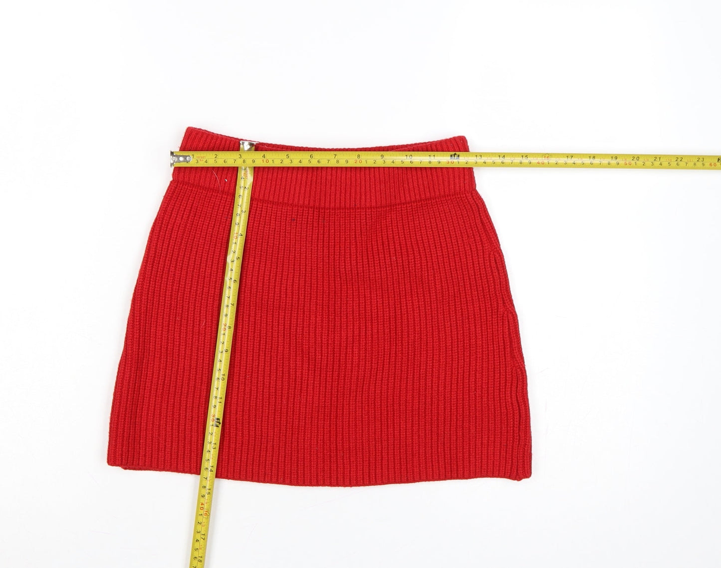 Zara Women Red S Ribbed Knit High Rise Mini Pencil Skirt