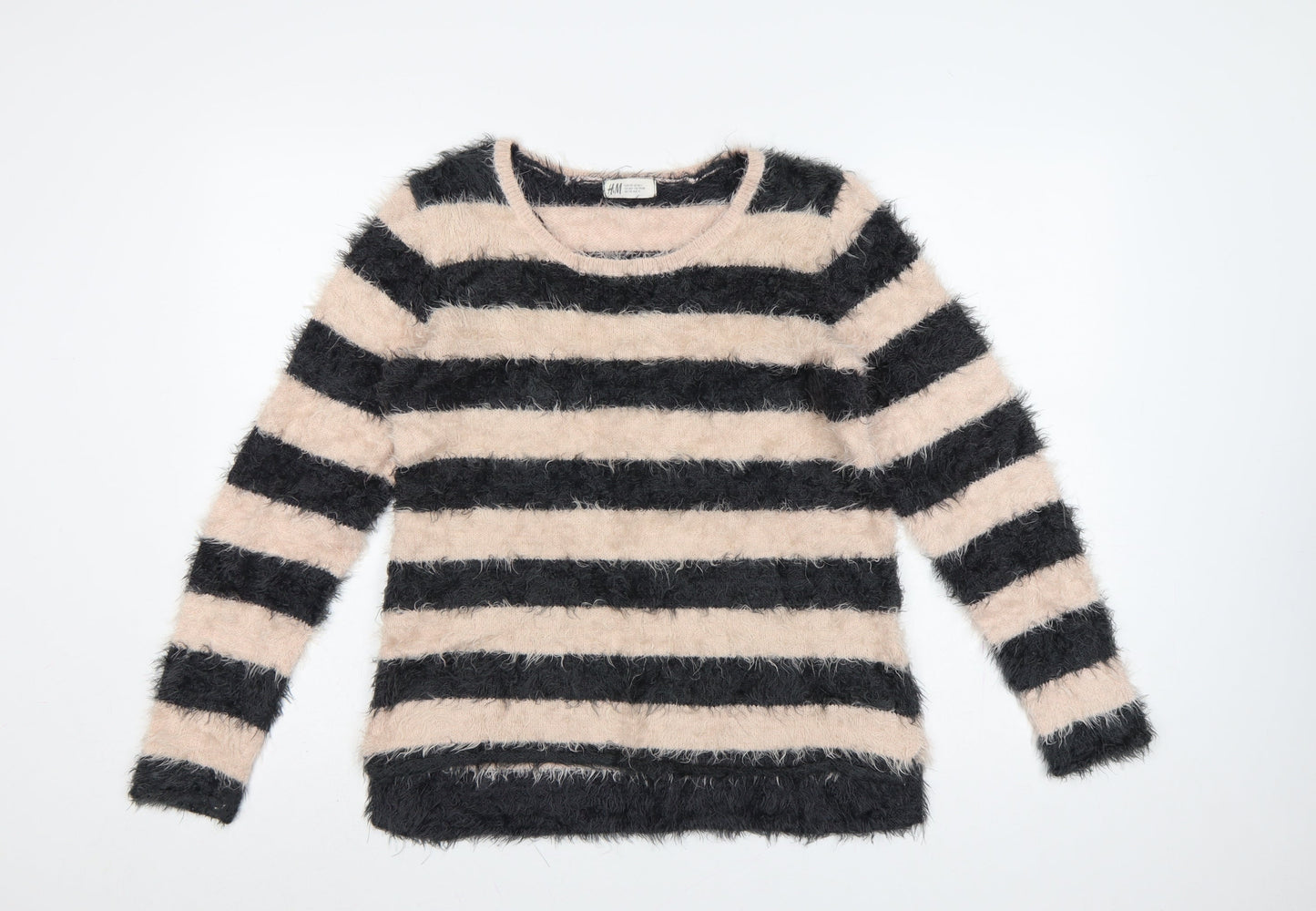 H&M Teens Black Beige Striped Fuzzy Knit Pullover Jumper Size 14