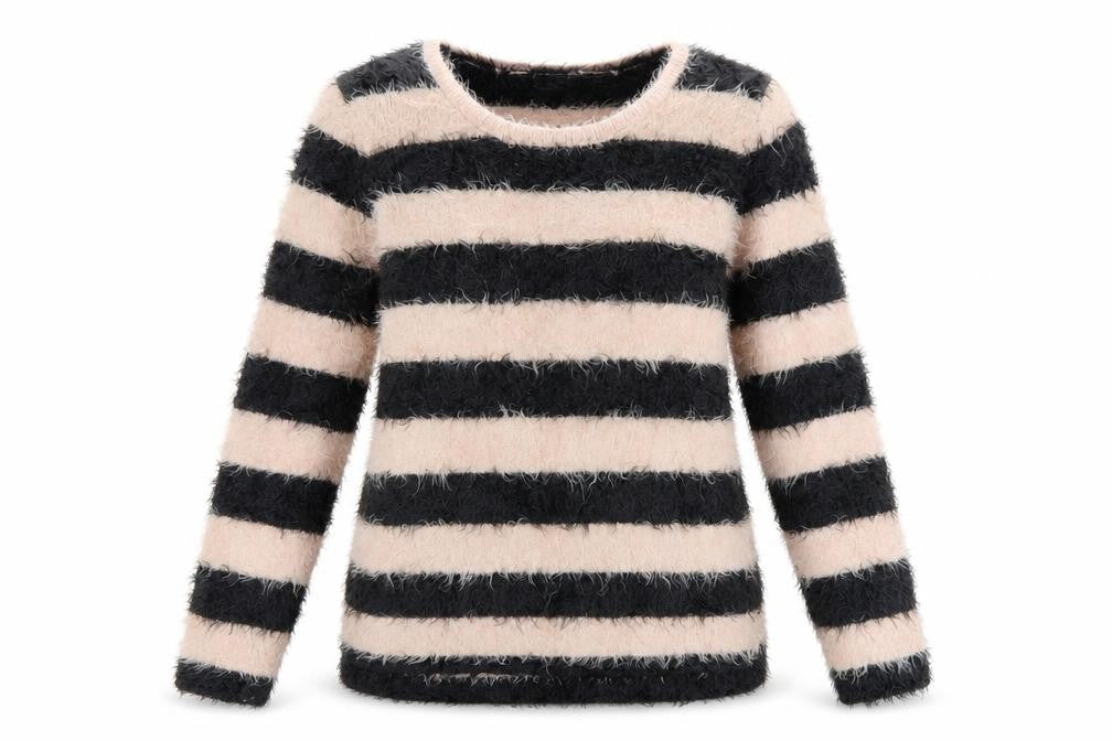H&M Teens Black Beige Striped Fuzzy Knit Pullover Jumper Size 14