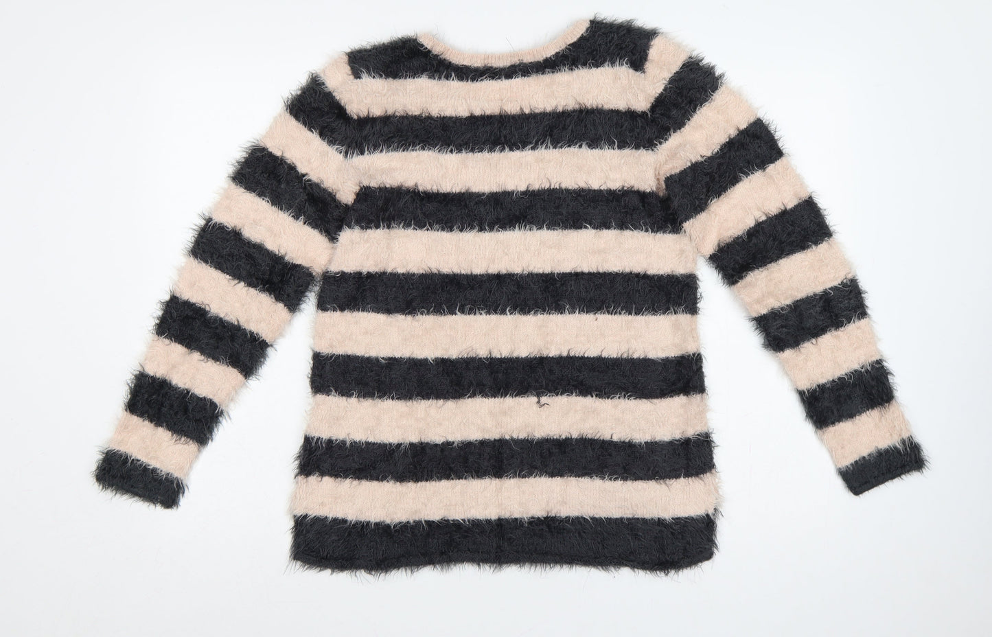 H&M Teens Black Beige Striped Fuzzy Knit Pullover Jumper Size 14