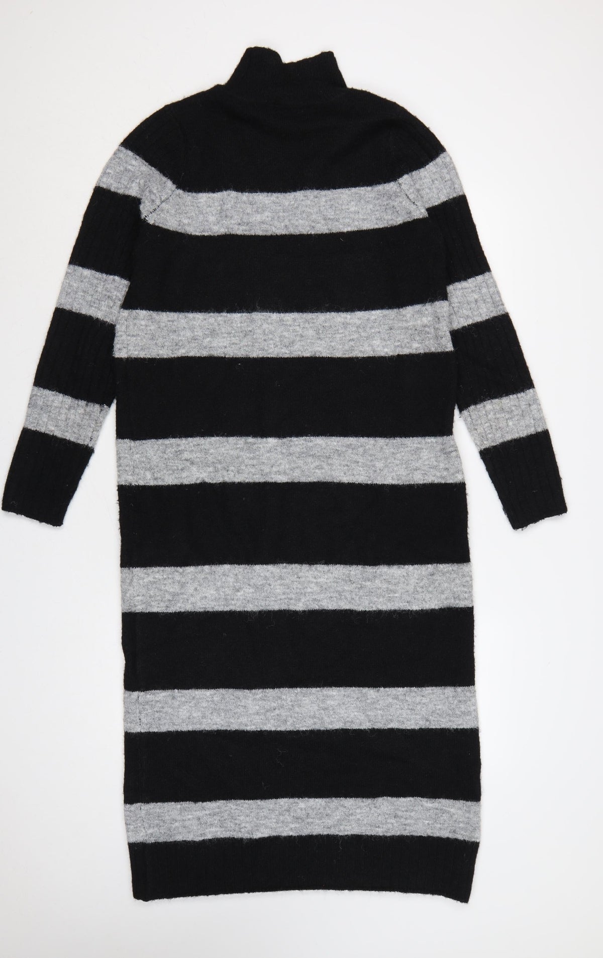 Next Women’s Black Grey Striped Roll Neck Long Knit Jumper Dress S