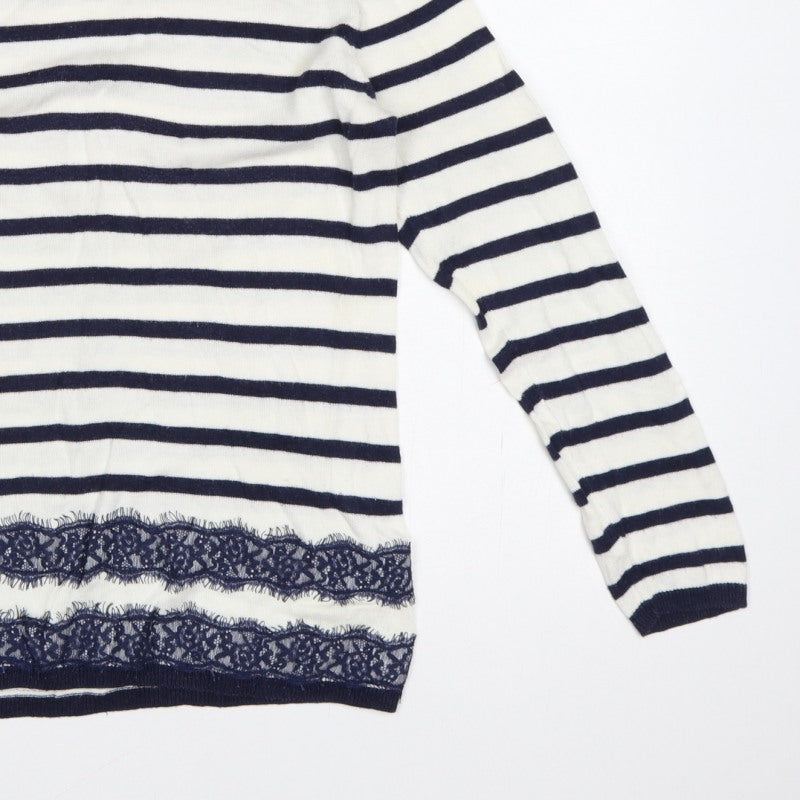 Dorothy Perkins Women’s Blue White Striped Lace Hem Jumper UK 14