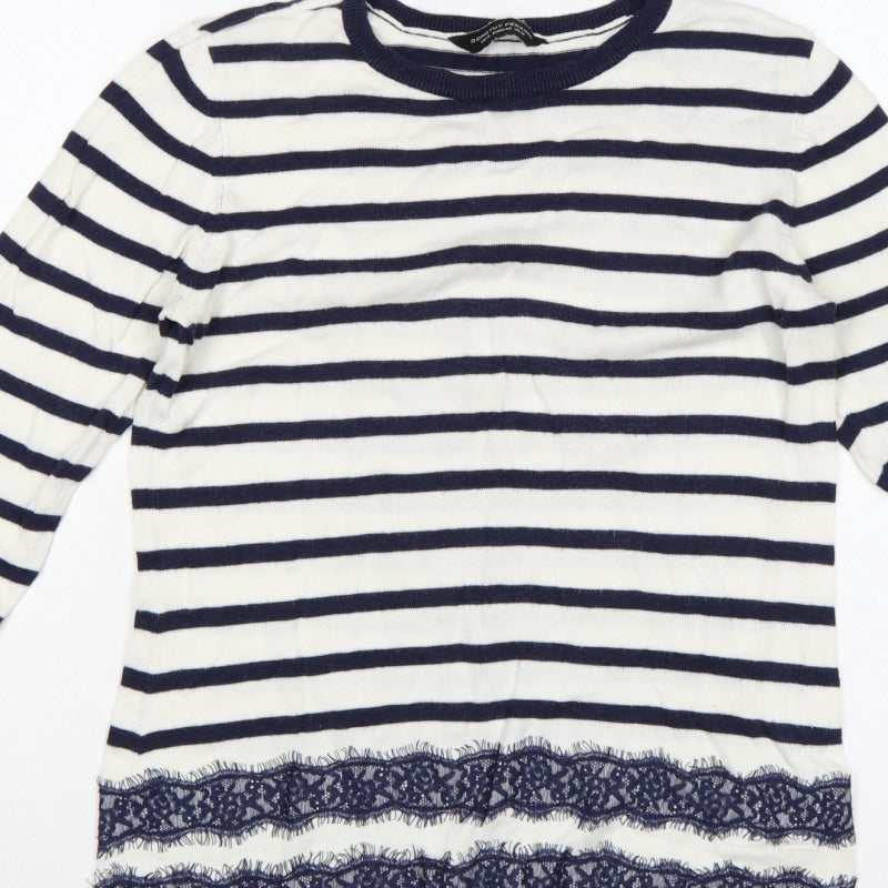 Dorothy Perkins Women’s Blue White Striped Lace Hem Jumper UK 14
