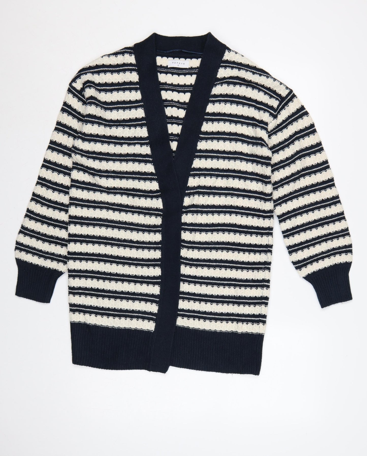 Papaya Women Navy Ivory Striped Open Knit Cardigan Small