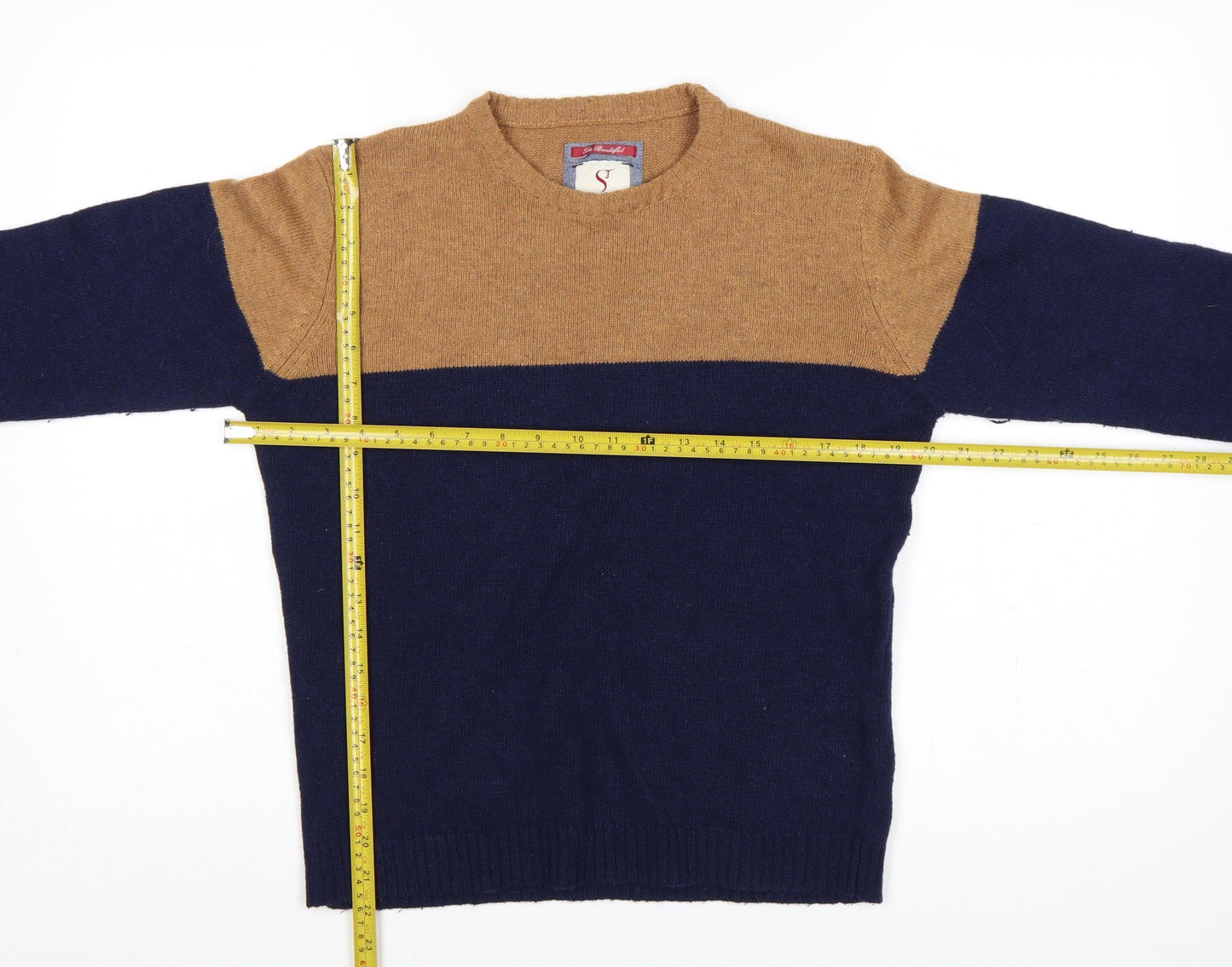 Saint Jude Men’s Blue Camel Wool Blend Crew Neck Pullover Jumper S