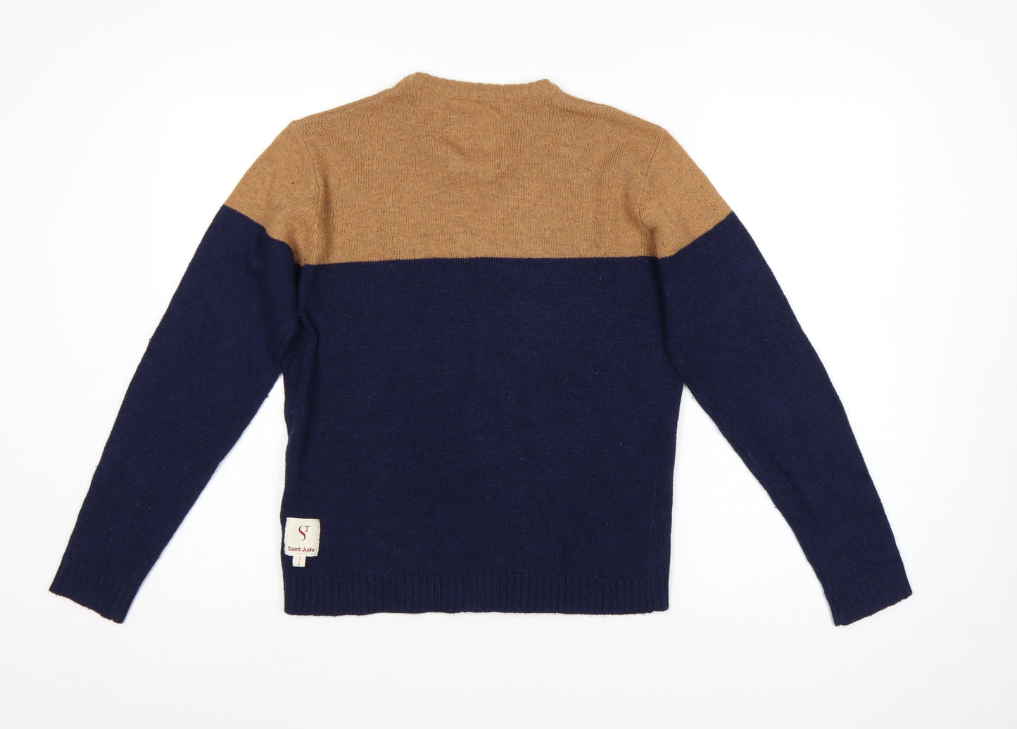 Saint Jude Men’s Blue Camel Wool Blend Crew Neck Pullover Jumper S