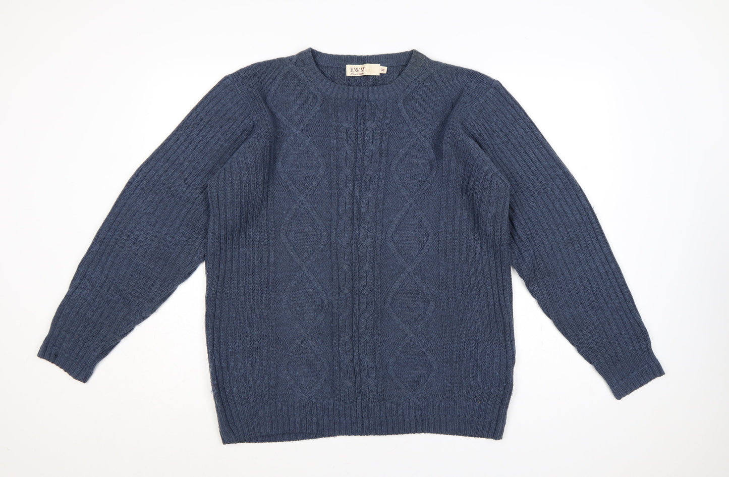 EWM Men’s Blue M Cable-Knit Wool Blend Crew Neck Pullover Jumper