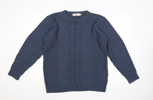 EWM Men’s Blue M Cable-Knit Wool Blend Crew Neck Pullover Jumper