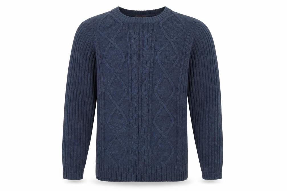 EWM Men’s Blue M Cable-Knit Wool Blend Crew Neck Pullover Jumper