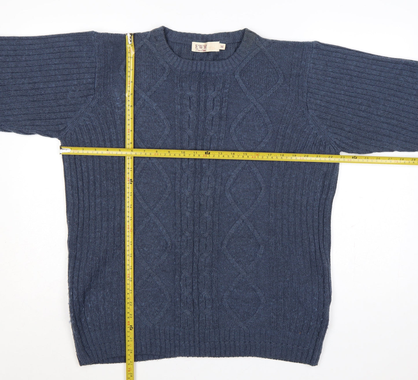 EWM Men’s Blue M Cable-Knit Wool Blend Crew Neck Pullover Jumper