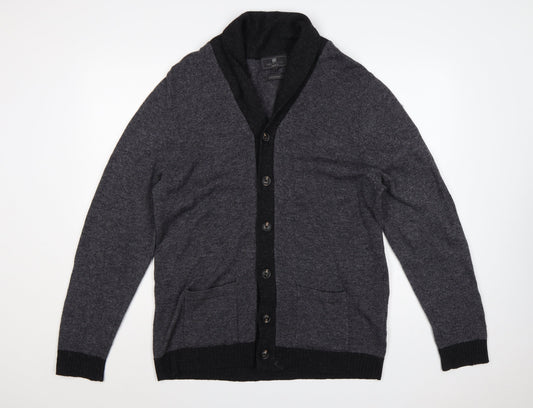 Marks and Spencer Men Grey Lambswool L Regular Fit Button Cardigan Pockets