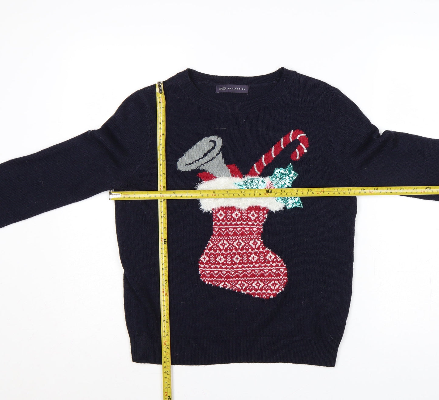 Marks and Spencer Women Blue UK 10 Christmas Stocking Sequin Knit Jumper