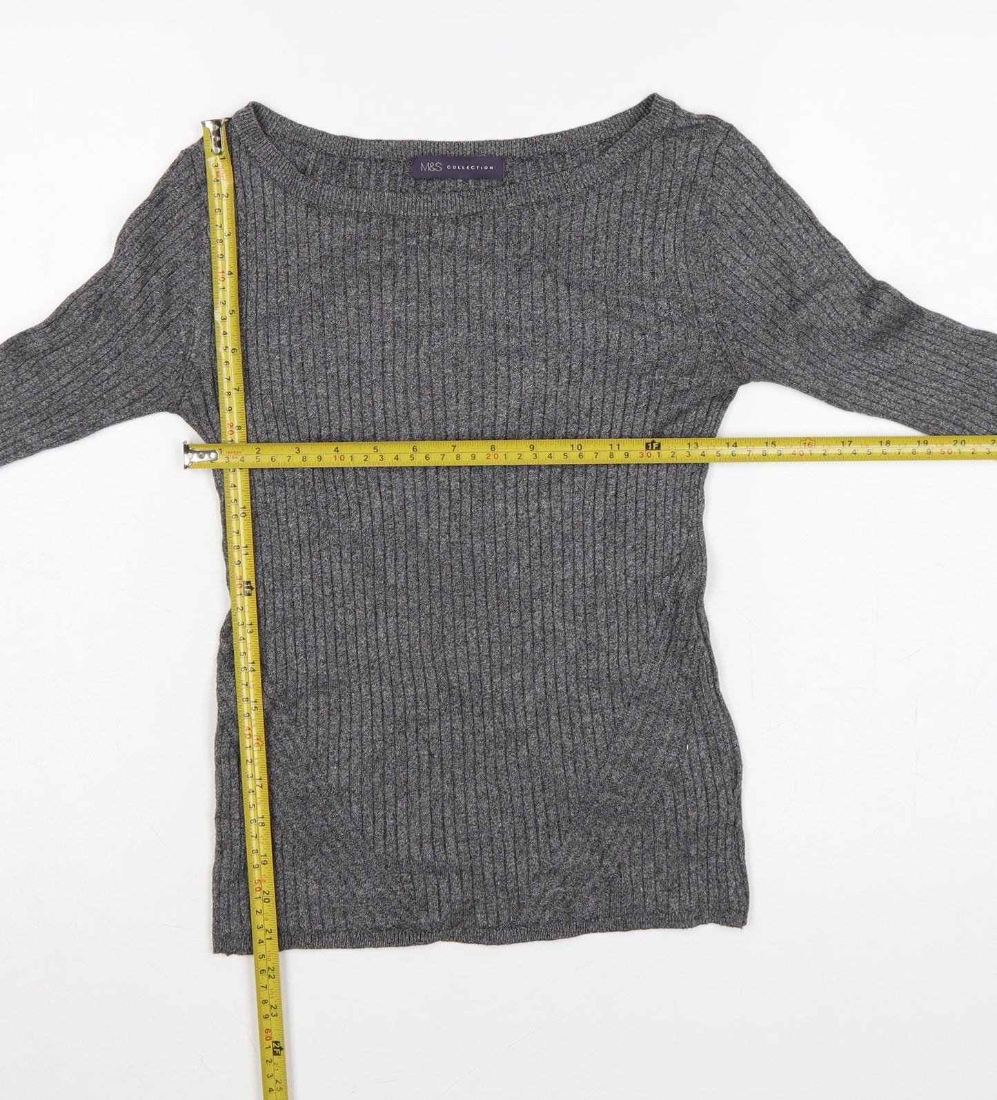 Marks and Spencer Women Grey Ribbed Viscose Jumper UK 8 Boat Neck