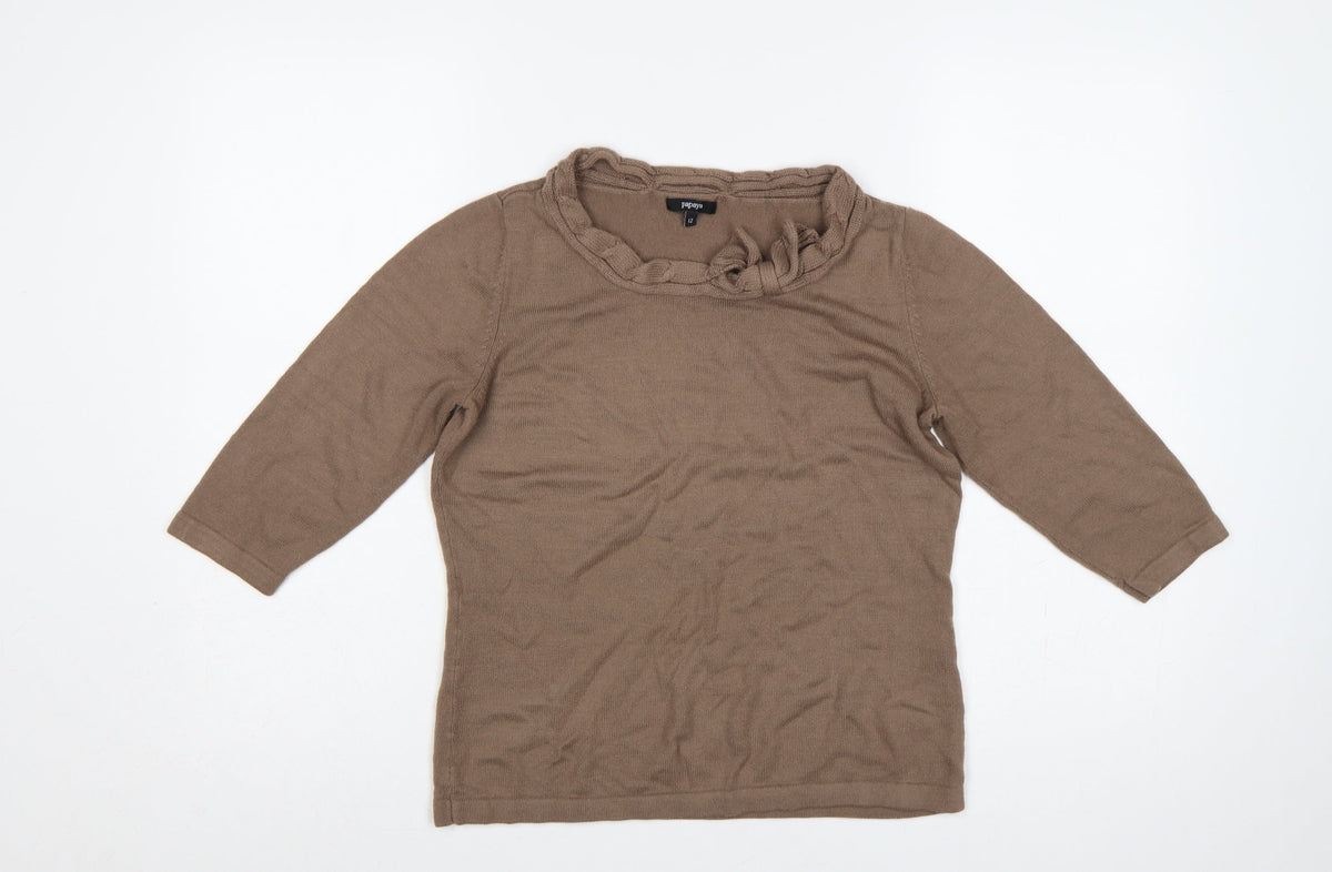 Papaya Women’s Brown Ruffle Neck 3/4 Sleeve Knit Jumper Size 12