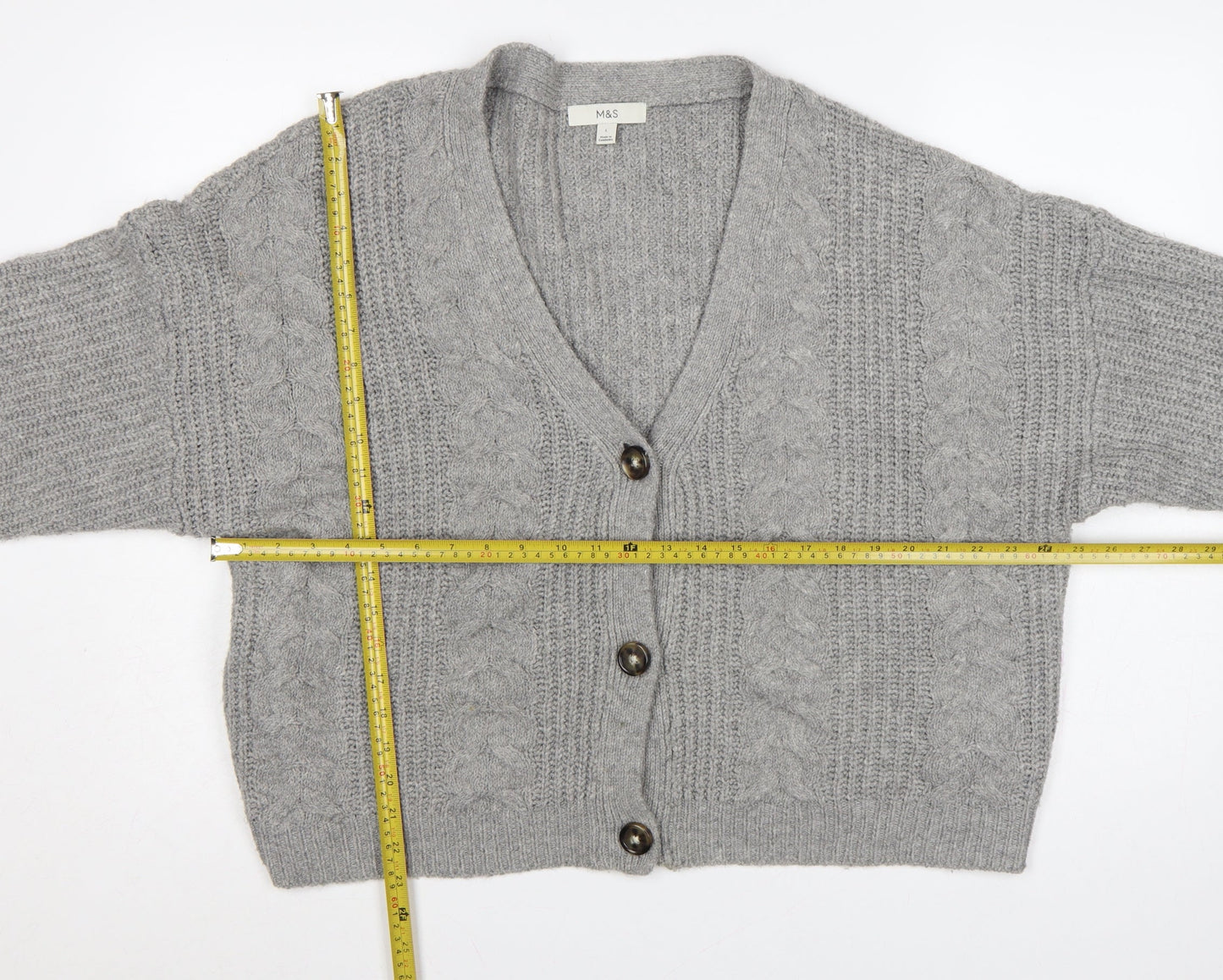 Marks and Spencer Women Grey L Cable Knit V-Neck Button Cardigan
