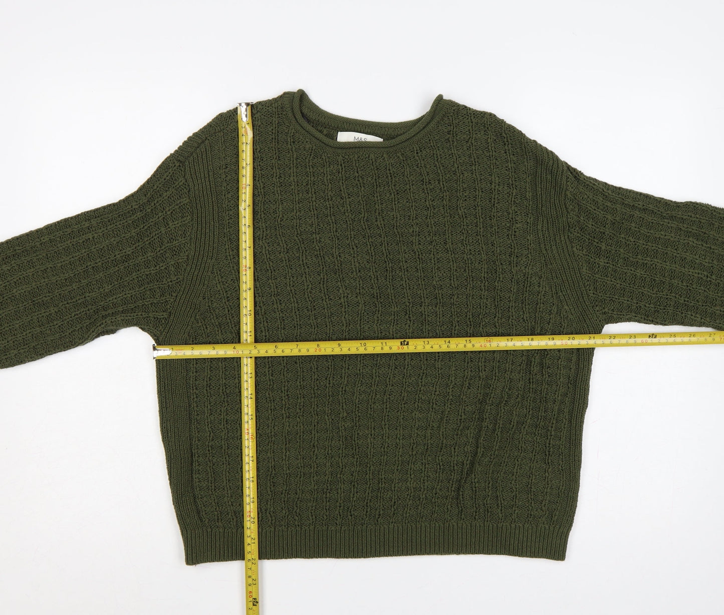 Marks & Spencer Women Green M Cotton Knit Crew Neck Jumper