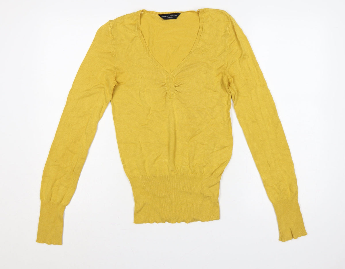 Additional front view of Dorothy Perkins Women Yellow UK 8 V-Neck Long Sleeve Knit Jumper