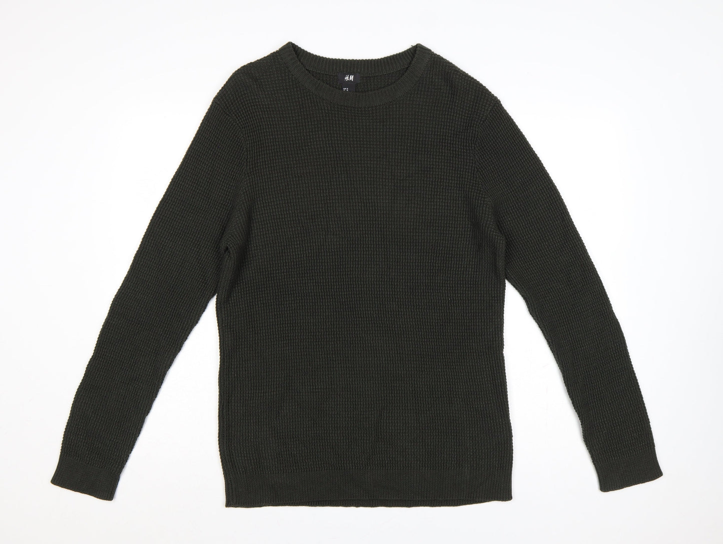 H&M Men’s Green M Waffle Knit Crew Neck Pullover Jumper