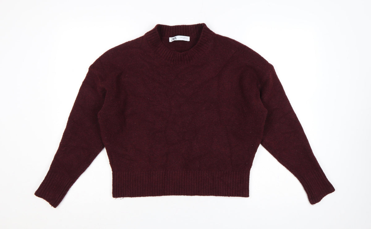Zara Women Burgundy XS High Neck Knit Pullover Jumper Long Sleeve