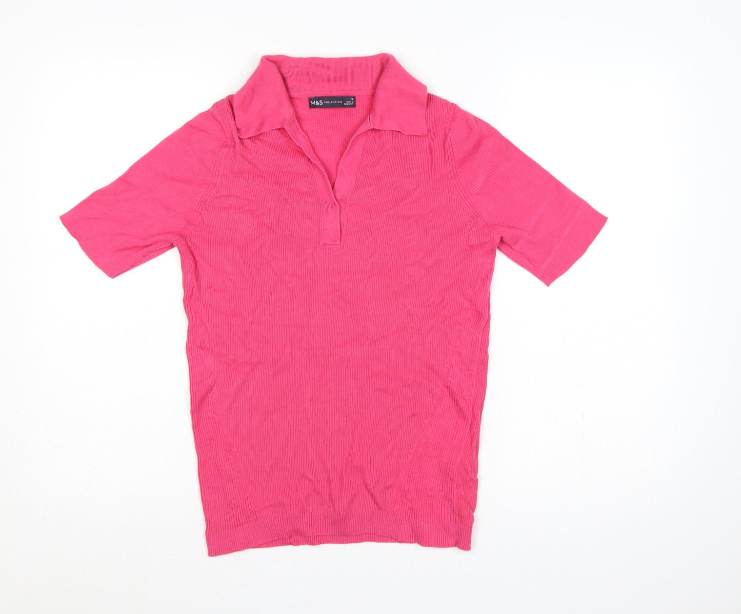 Marks and Spencer Women Pink M Ribbed Knit Short Sleeve Polo Top