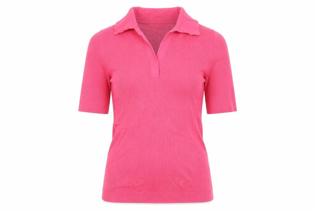 Marks & Spencer Women Pink M Ribbed Knit Short Sleeve Polo Top